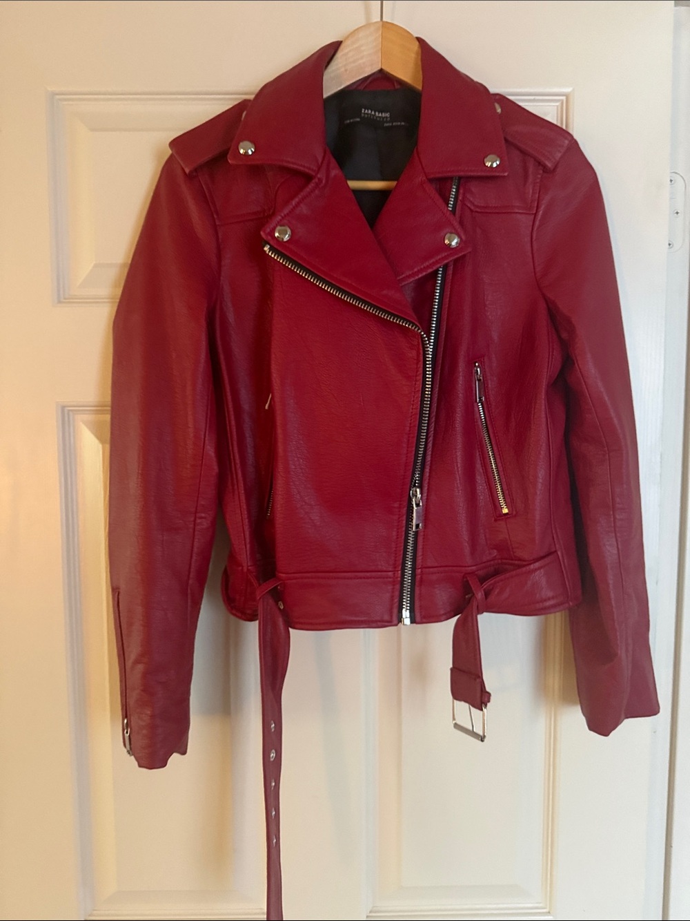 Zara Red Faux Leather Moto Jacket with Belt